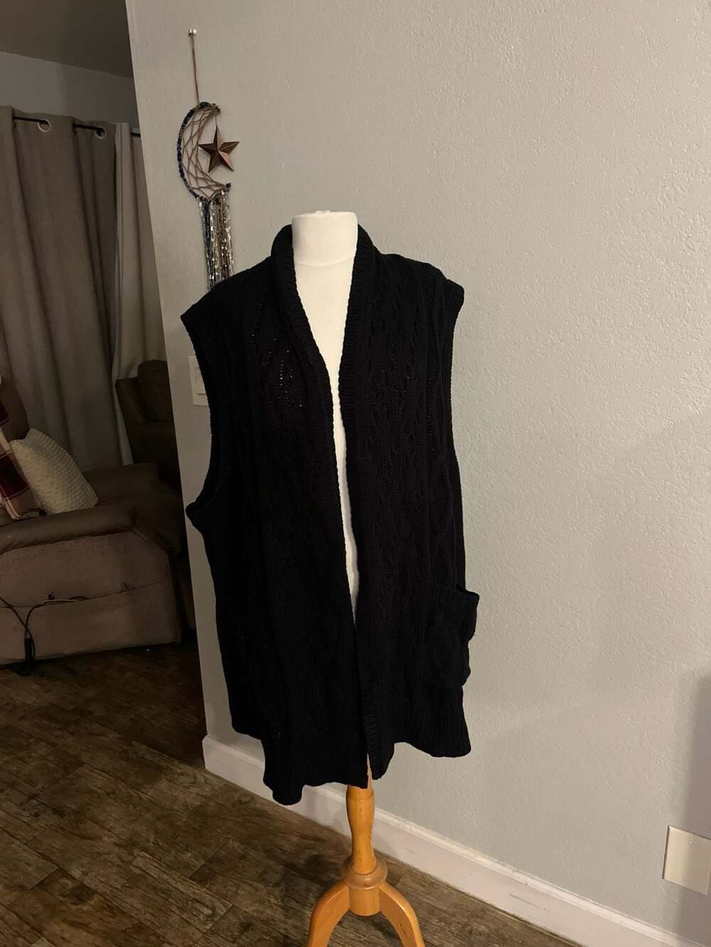 Lisa Rinna Collection Black Cable Knit Open Front Vest Cardigan Size 3X